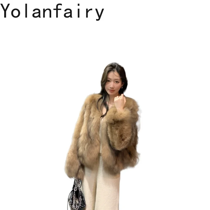 YOLANFAIRY 100% معطف فرو الثعلب الأصلي ملابس نسائية 2025 شتاء قصير أنيق معاطف الفرو الحقيقي للمرأة سترة من الفرو ملابس خارجية