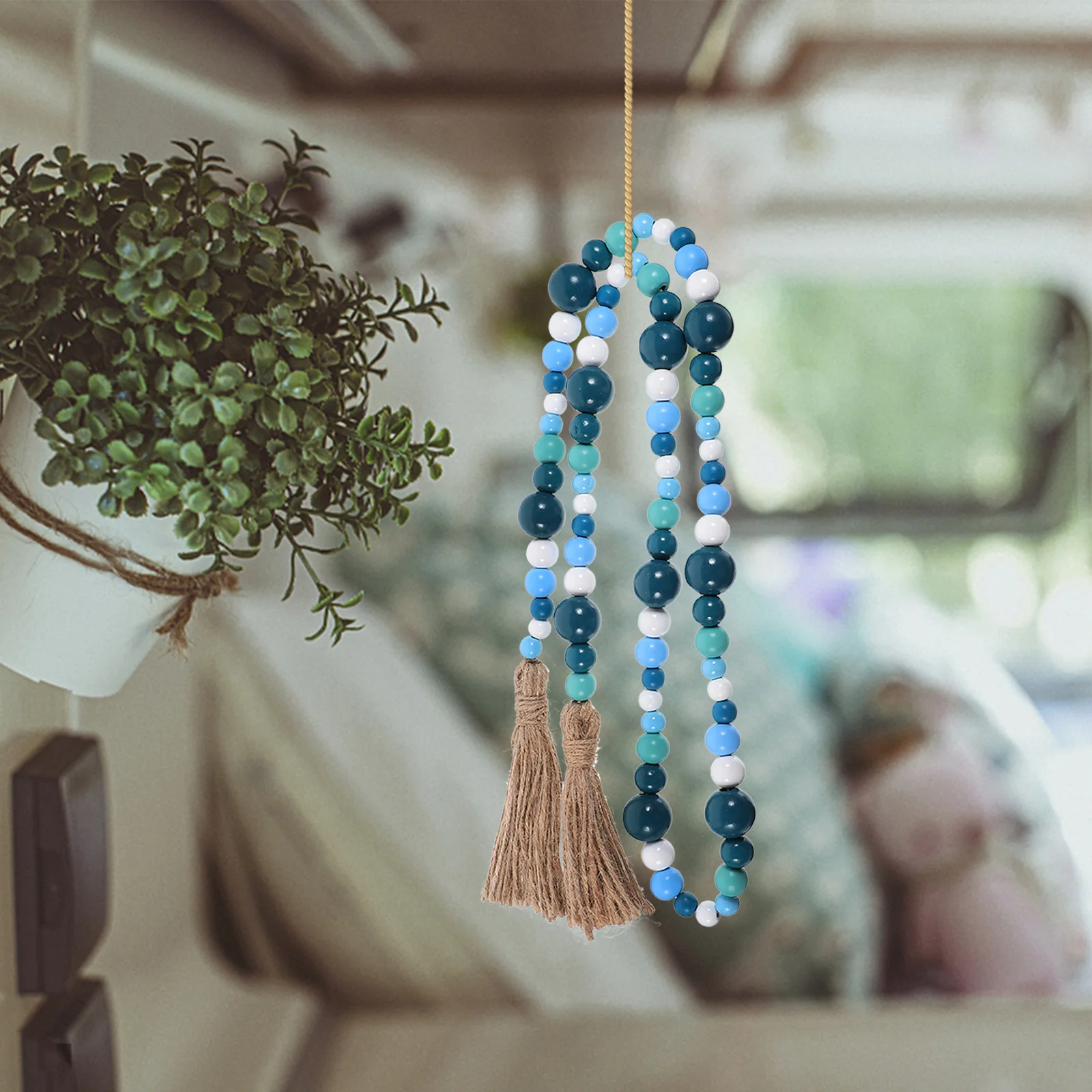 

Wooden Beads String Tassel Hanging Decoration Blue Ocean Breeze Design For Home Wall Ornament Living Room Restaurant Bar Decor