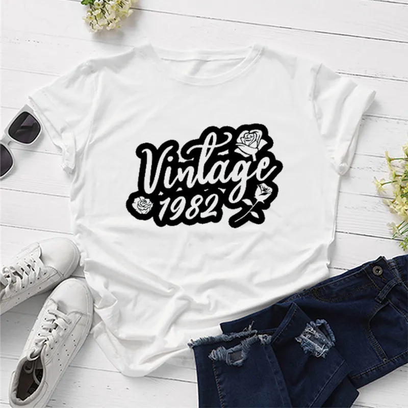 Vintage Roses 1982 40th Birthday Gift for her Cool Style Ladies Tops graphic t shirts Fashion black Letter Casual Short Sleeve