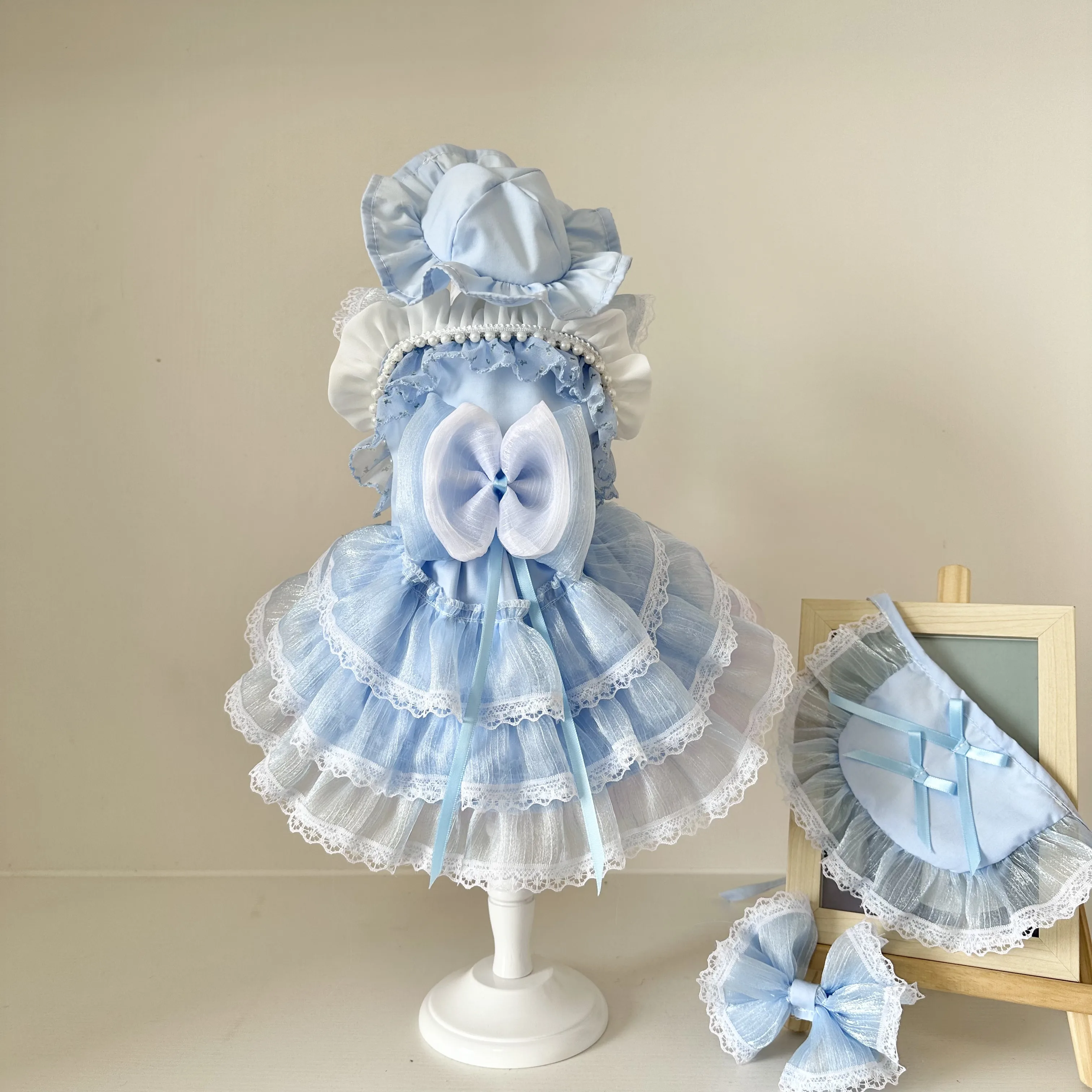 犬のプリンセスドレス,子犬の服,ひも,青,軽いロリータ,蝶ネクタイ,小