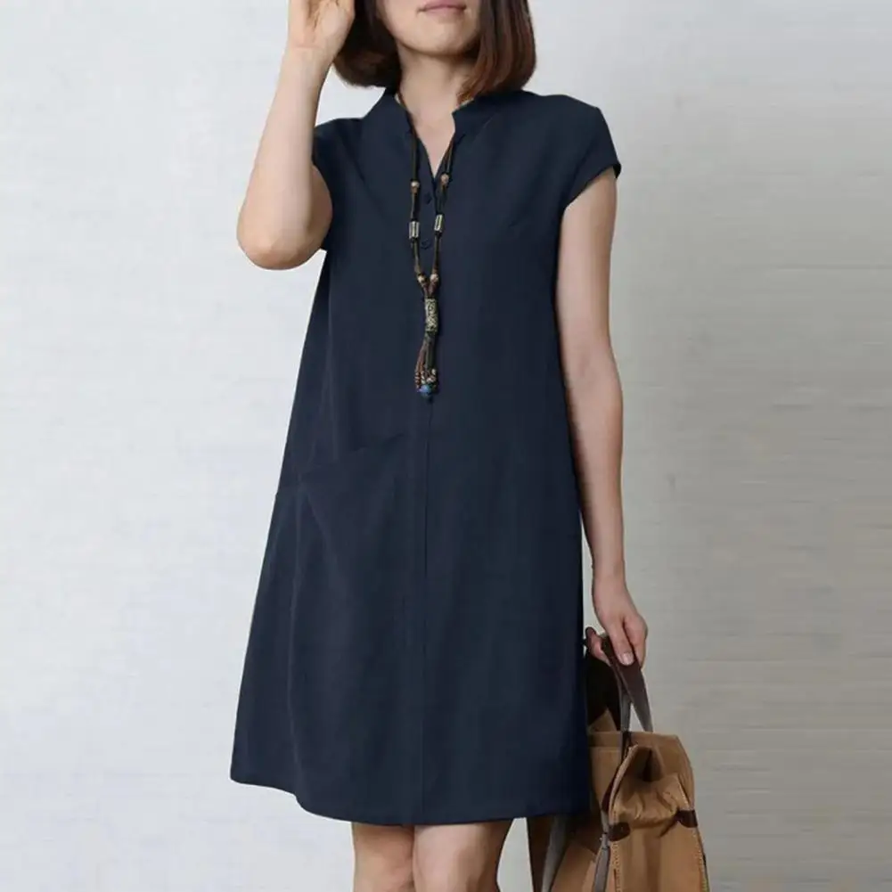 

Button-up Cotton Linen Dress Stylish Women's Buttoned V Neck Summer Dress with Stand Collar Single Pocket Loose Fit for Commute