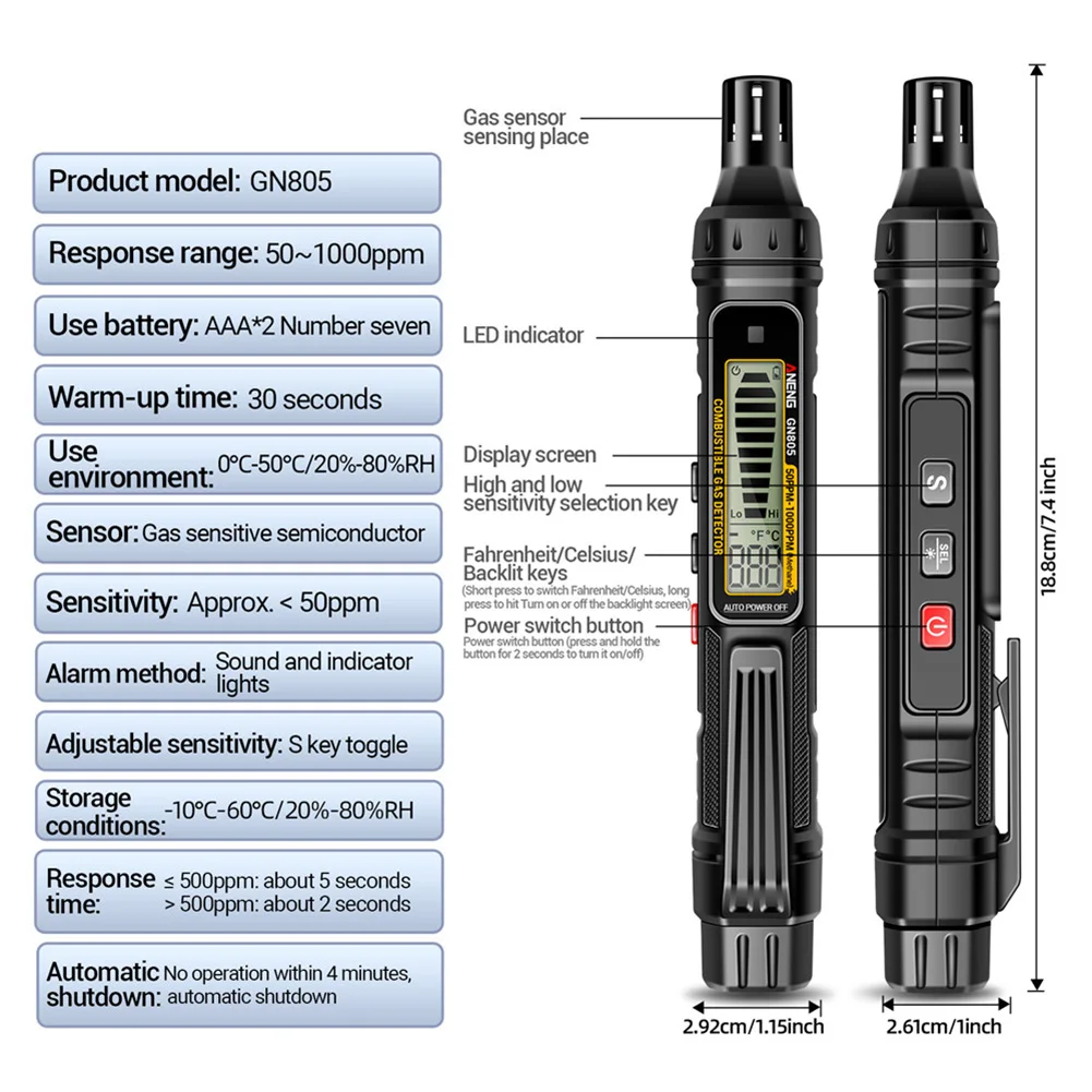 ANENG GN805 Combustible Gas Detector Portable Gas Leak Detector Natural Gas Detector with Audible and Visual Alarm Gas Tester
