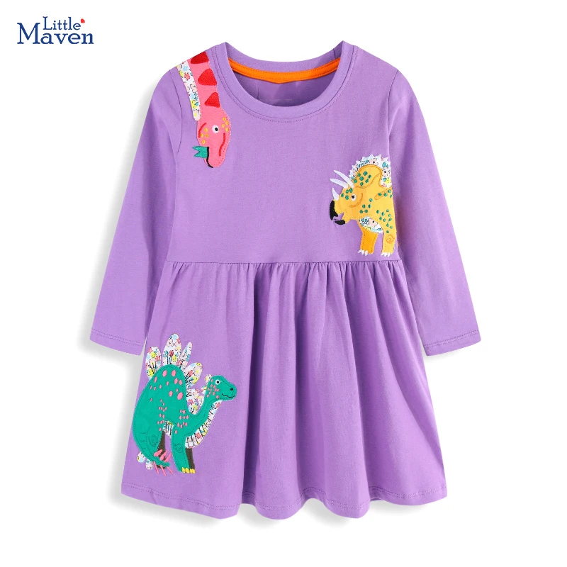 Little maven Cotton Baby Girls Casual Dress Cartoon Dinosaurs Girls Long Sleeves Purple Dresses for Girls Party Costumes Spring
