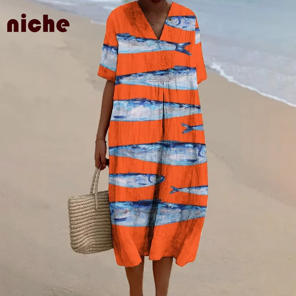 

Orange Sardine Graphic Print Women's Chic Dress High Quality Soft Fabric Loose Casual V-Neck Trendy New Beach Skirt