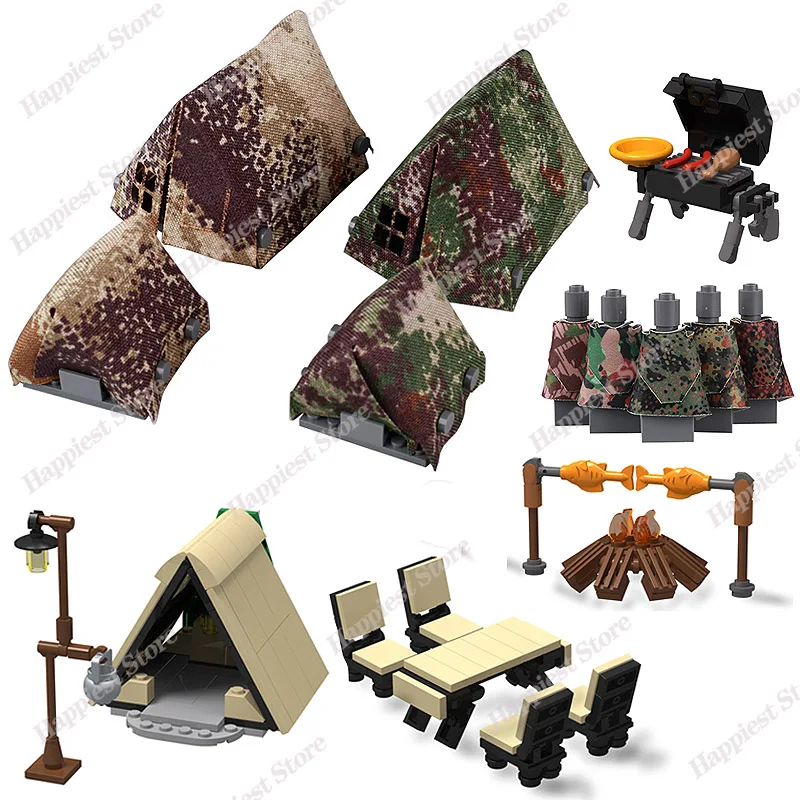 Military Camo Tent Camouflage Coat Building Blocks MOC City Table Chair Soldier Figures Weapons Accessories WW2 Bricks Kids Toys