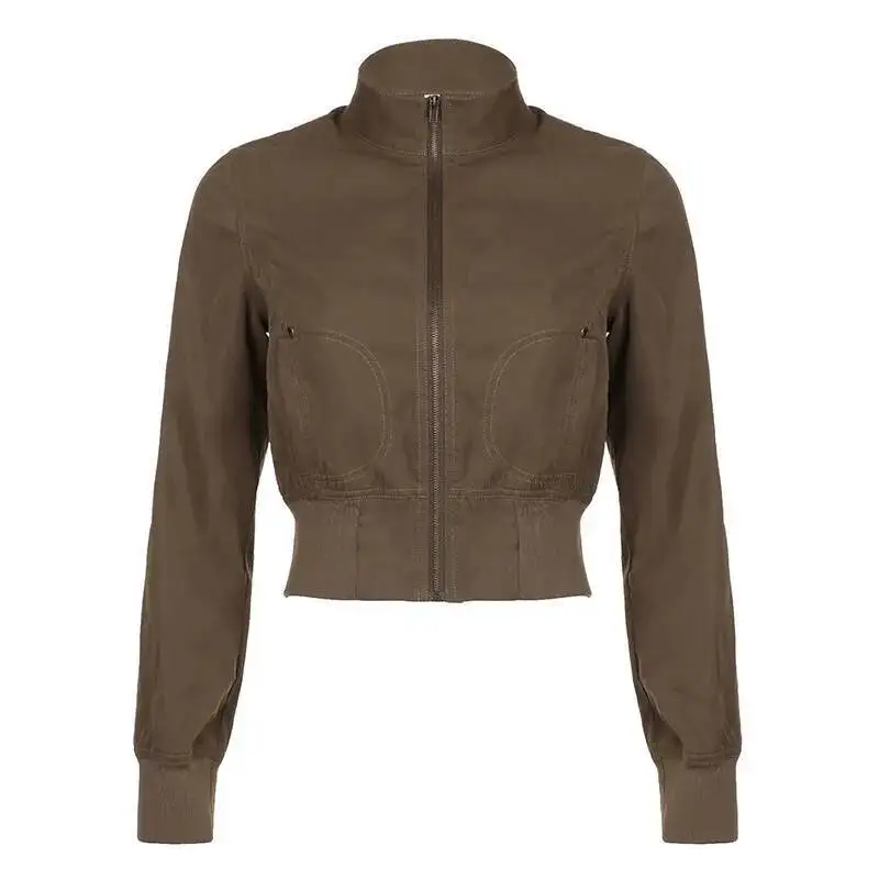 

Women Short Jacket 2025 Autumn Crop Top Jacket Women's Zip Up Cropped Jacket Retro Waist Cinched Pocket Slim Fit Outerwear