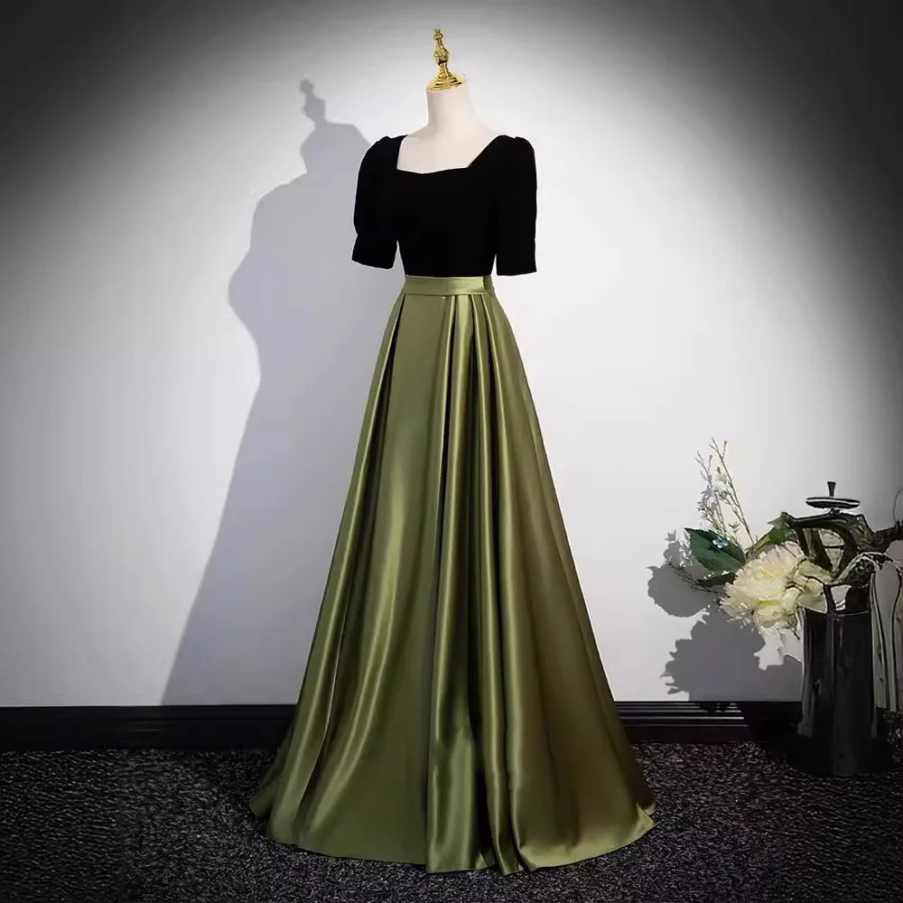 Elegante abito da sera a trapezio lungo fino al pavimento donna inverno velluto nero colletto quadrato mezza manica abito da ballo verde orlo in raso Vestido