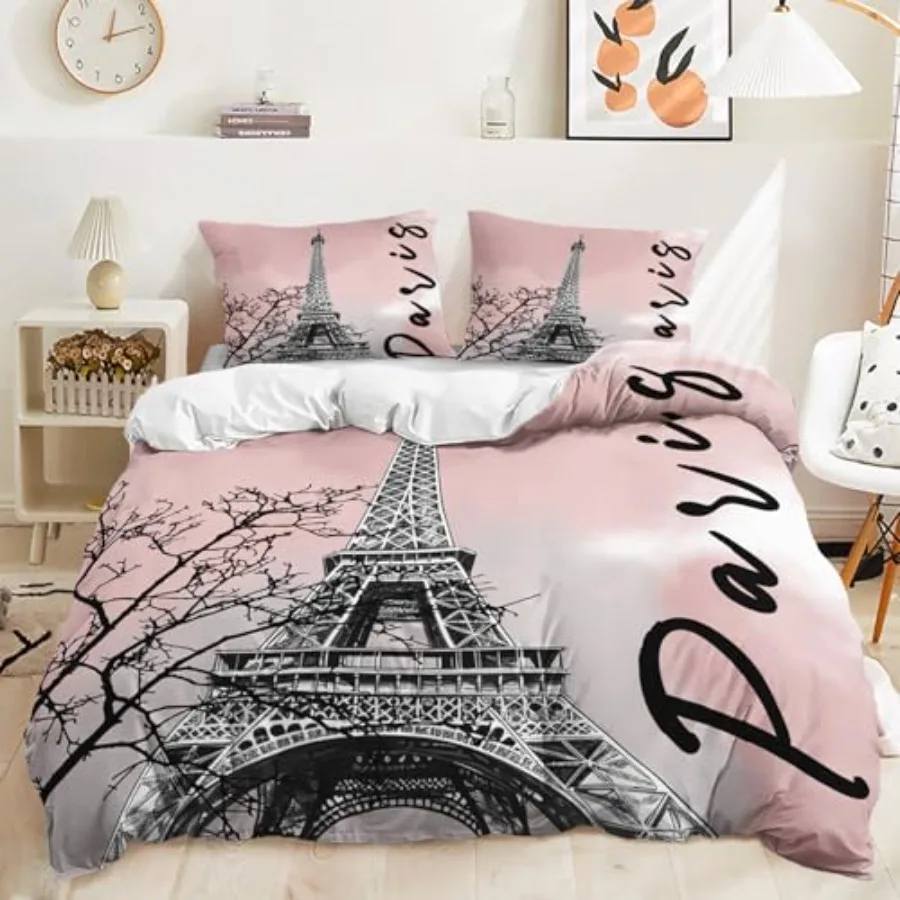 

Комплект постельного белья с изображением Эйфелевой башни (Париж), черно-белый, 3 предмета: пододеяльник и 2 наволочки, в стиле тай-дай.