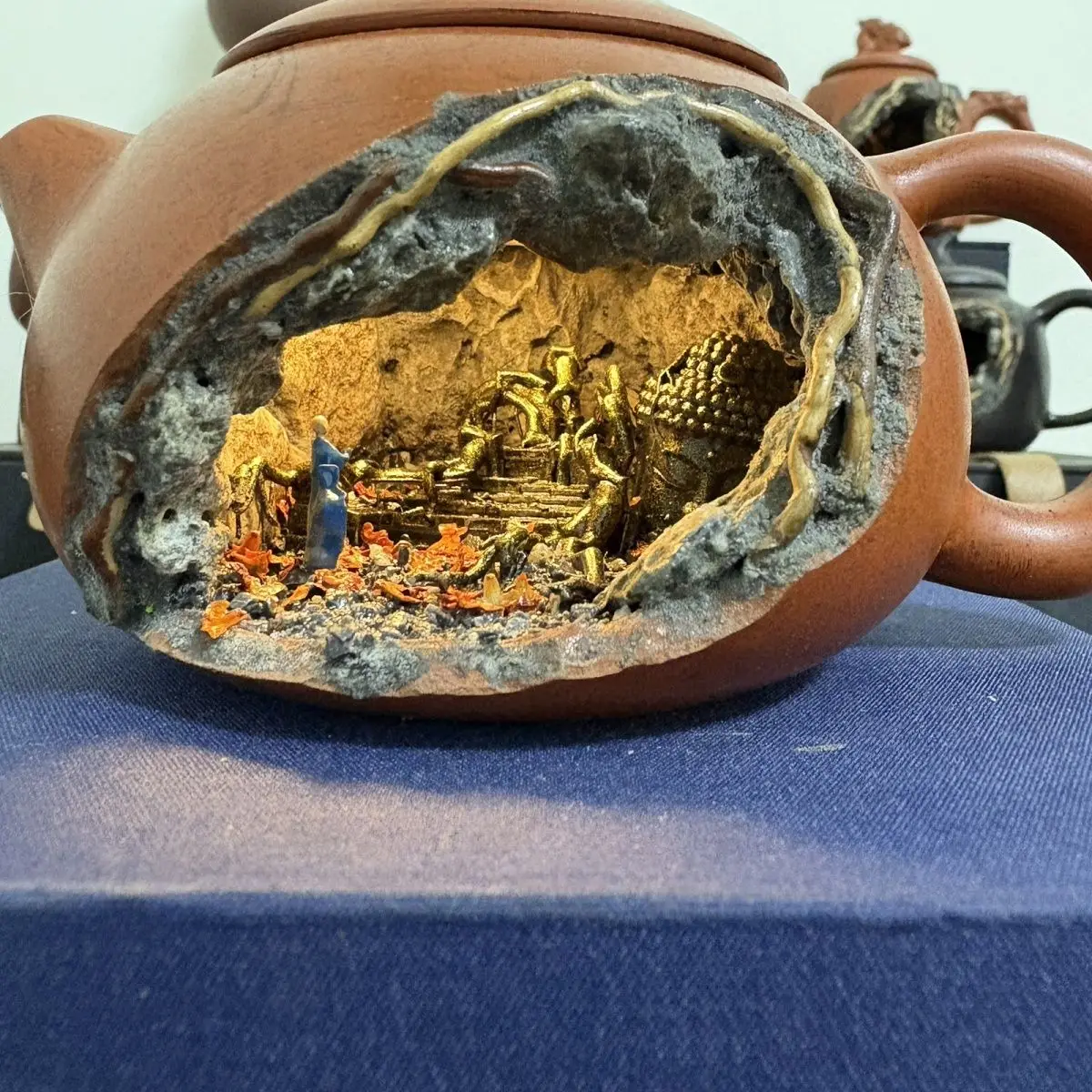 Handmade Purple Clay Teapot Micro Landscape, Ruined Temple Miniature Diorama, Entryway Tea Table Desk Decor