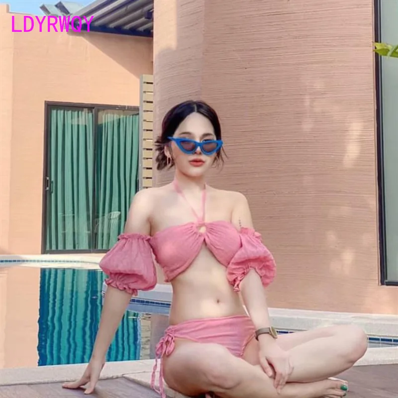 Swimsuit women's South Korean split body sleeved bikini three piece dress style triangle hot spring swimsuit bikini