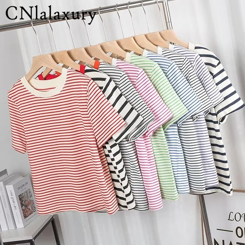 CNlalaxury 2024 New Fashion O-Neck Pullover Short Sleeve T-shirt Women\'s Casual Stripe Summer Versatile Women\'s Top