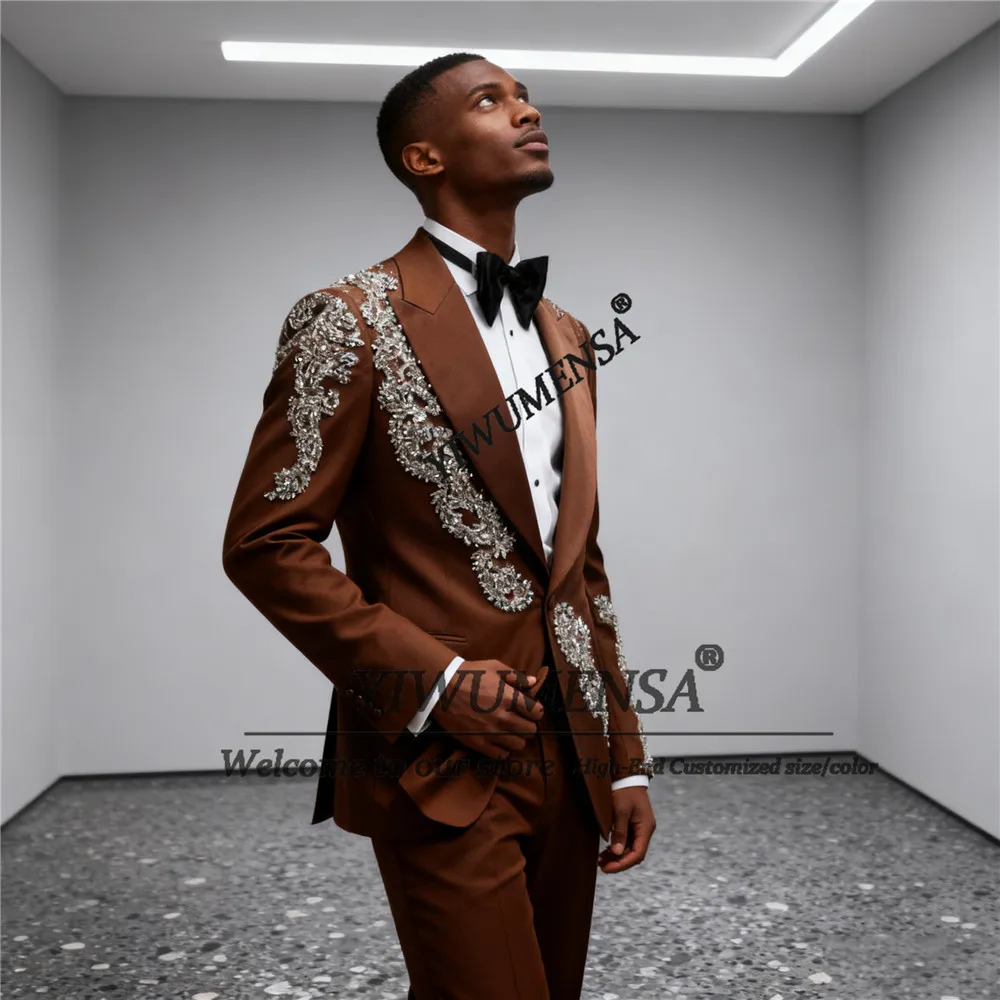 

Мужской модный свадебный костюм с бисером и камнями для мужчин, приталенный однобортный пиджак, брюки, комплекты из 2 предметов, костюм Homme, смокинги для жениха
