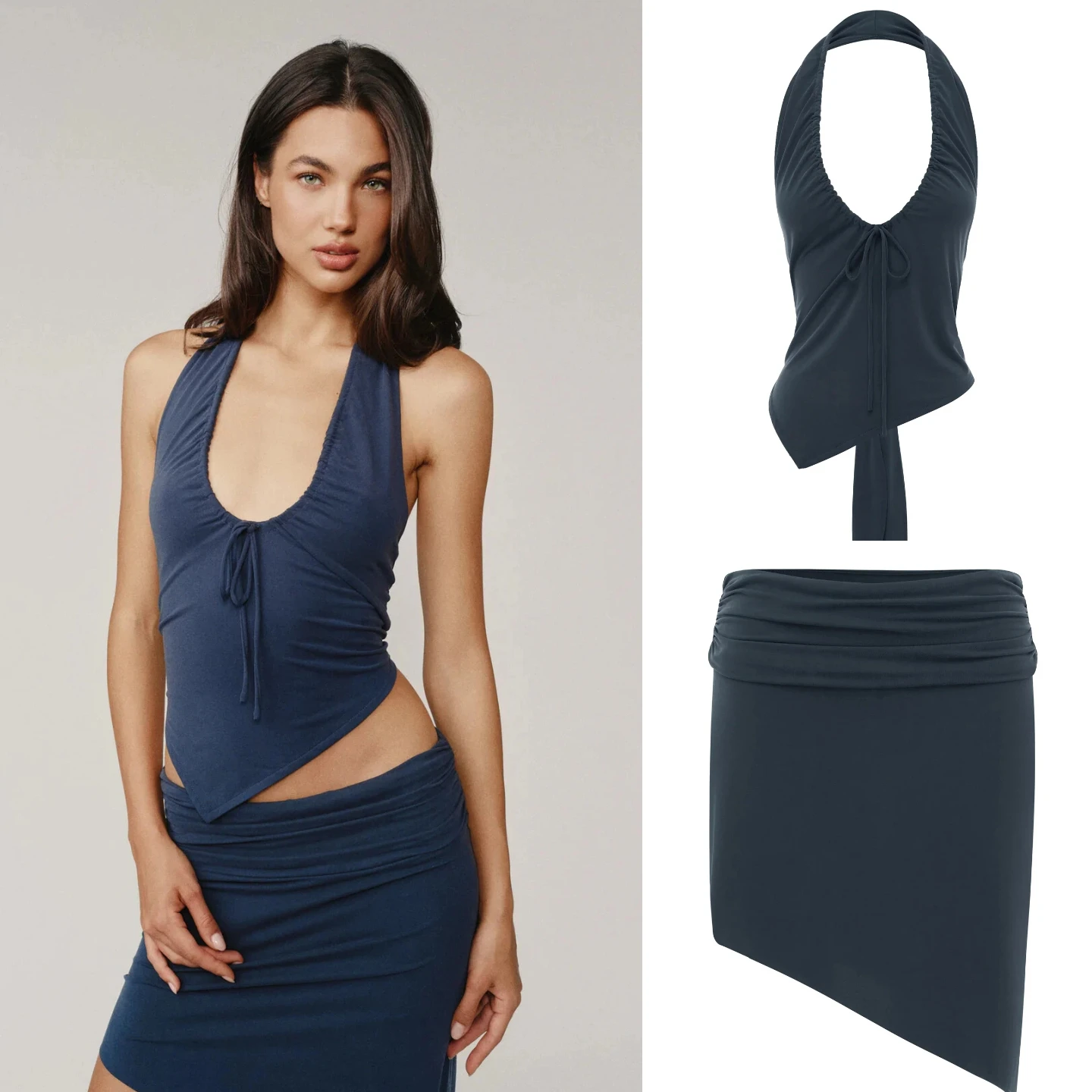 With Jean Fog Sand Wash Dark Blue Hanging Neck V-Neck Top Irregular Hem Low Waist Pleated Hip Wrap Skirt
