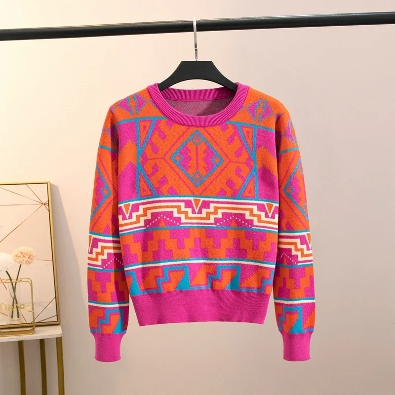 

High Quality French Geometric Pattern Knit Sweater Women Fashion Pull Femme long Sleeve Pullover Sweater Tops Knitwear Jumpers