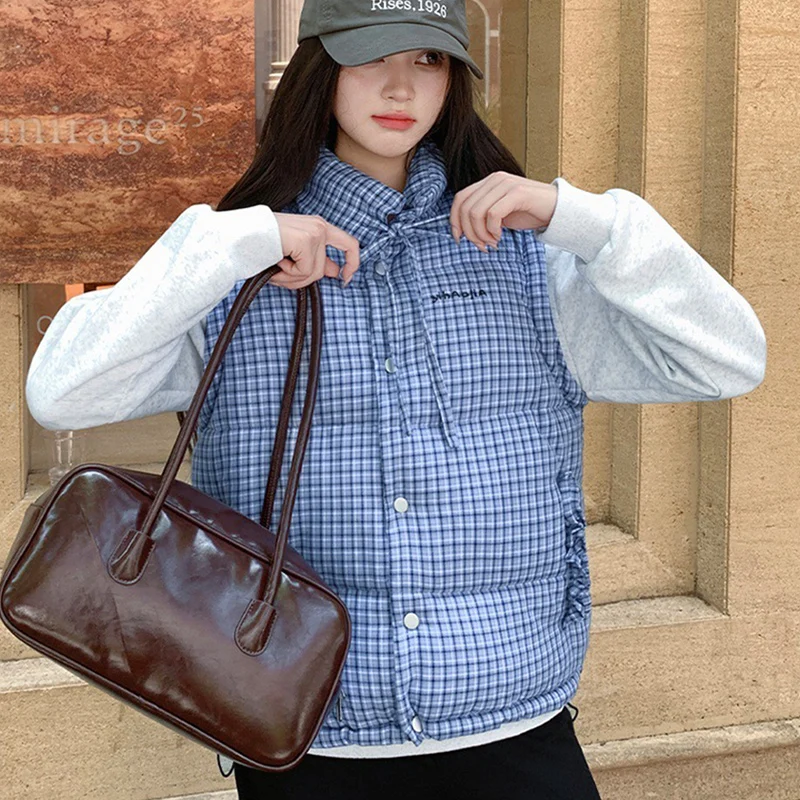 2025 가을 겨울 신상 블루 플래드 다운 코튼 베스트 여성 Y2K 한국 패션 슬리브리스 재킷 패딩 따뜻한 스탠드 칼라 조끼