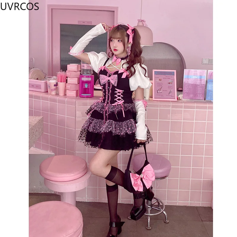 Japanese Gothic Lolita Dress Women Victorian Vintage Pink Lace Bow Slim Bandage Princess Dresses Girls Harajuku Y2k Party Dress