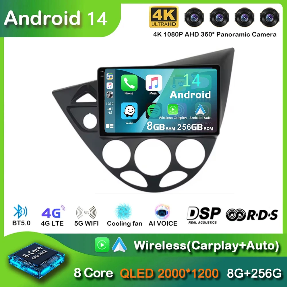 Android 14 for Ford Fiesta 1995-2001 Focus MK1 1998-2004 Car Radio 2 Din Android Stereo Carplay Autoradio Head Unit GPS WIFI+4G