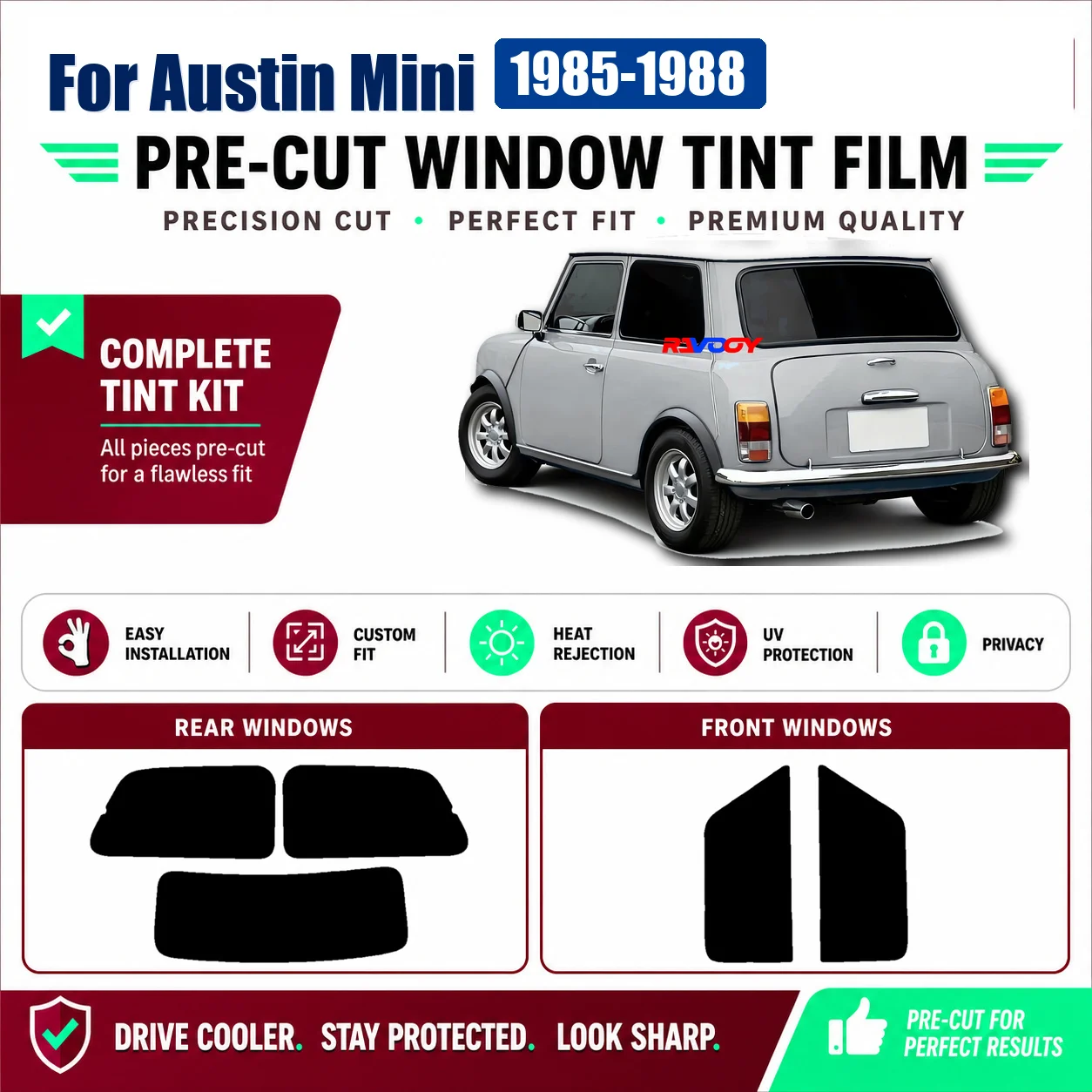 For Austin Mini 1985-1988 Glass Tint Kit Tinted Front & Rear Window RAVOOY Heat Reject