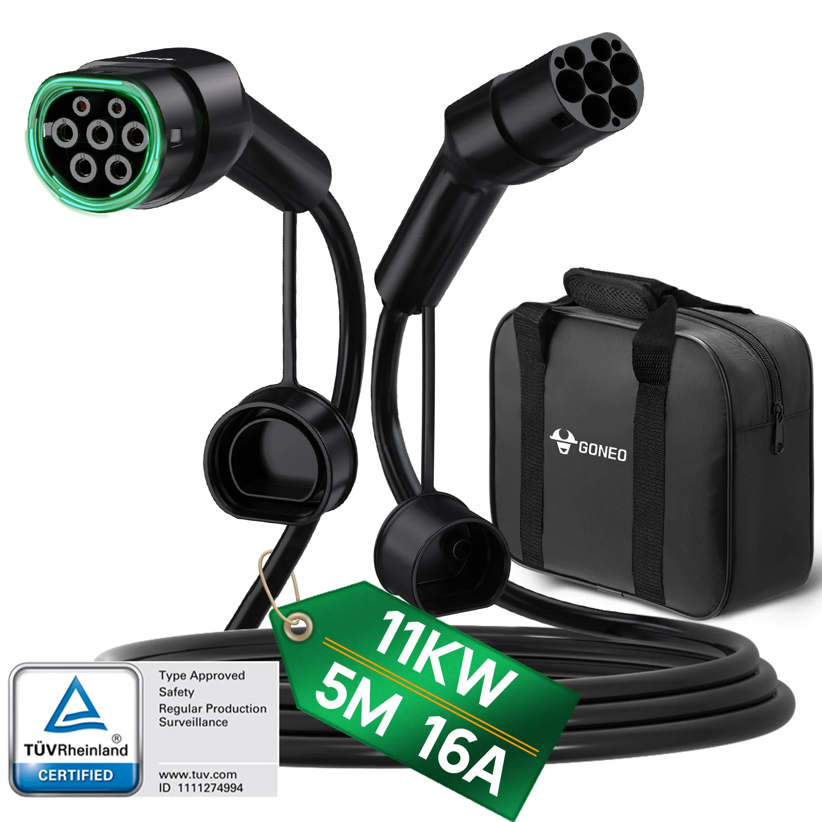 GONEO EV-oplaadkabel voor elektrische auto, type 2, CSS 2, 22KW 5 meter 3-fase, voor elektrische EV/PHEV hybride auto IP54 waterdicht