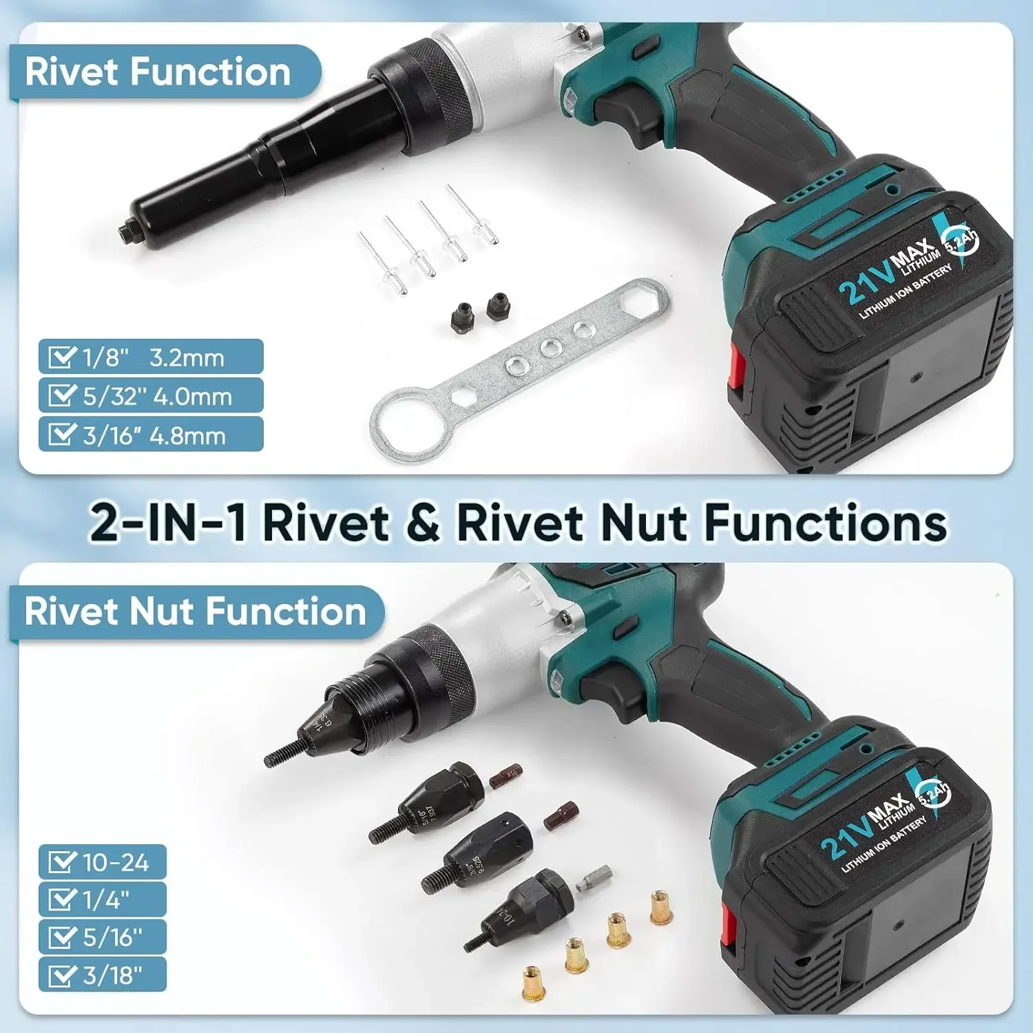 2-IN-1 Cordless Rivet Nut Gun Set (10-24 & 1/4 & 5/16 & 3/8), Portable Battery Powered Pop Rivet Insert Installation Tool Automa