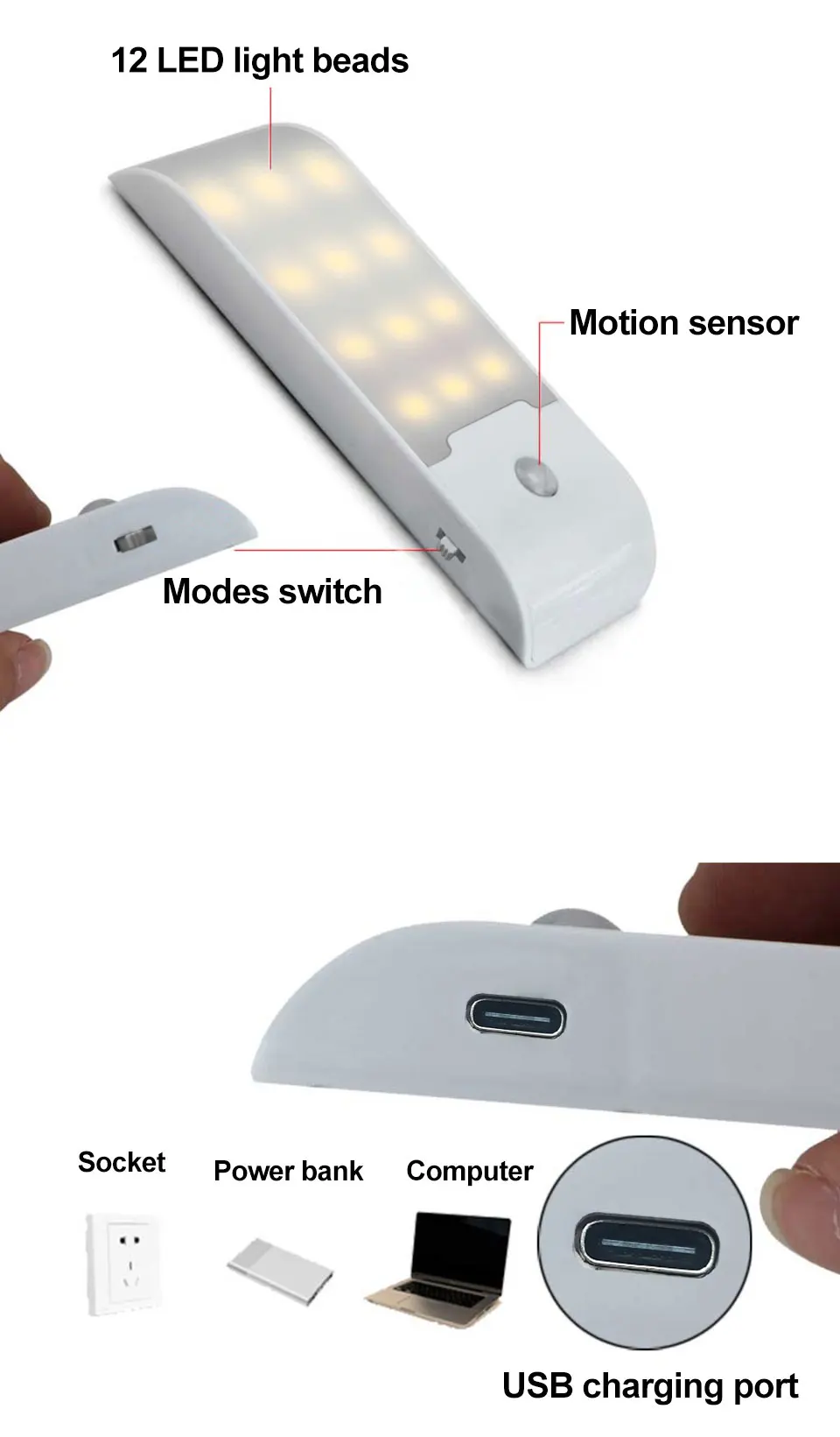 12LED Nachtlicht Bewegungsmelder wiederaufladbare USB-LED-Lampe für Flur Badezimmer Schrank Küche unter dem Schrank hohe Helligkeit – Detail 3