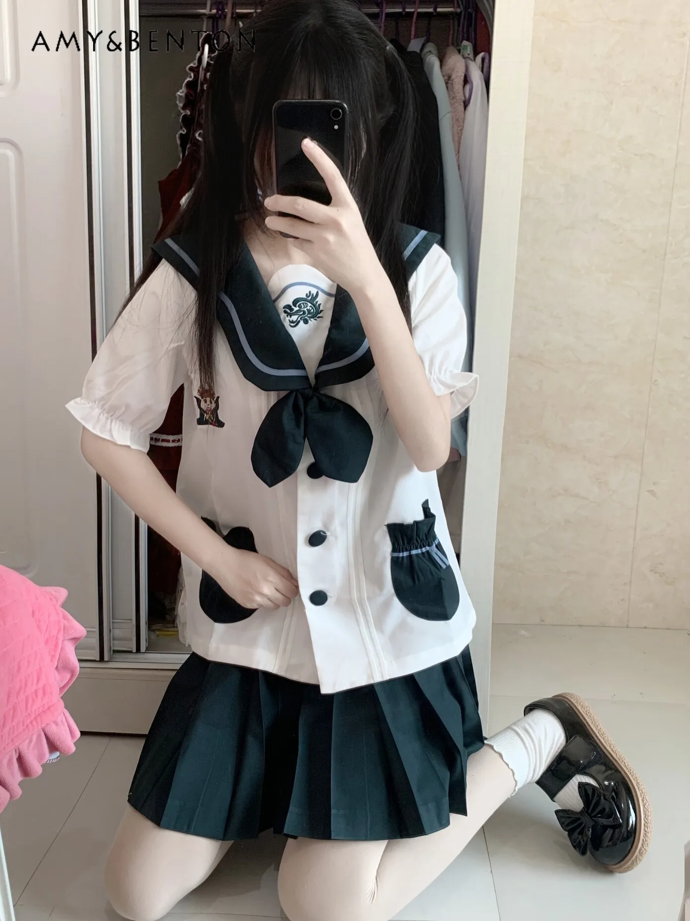 

Summer Japanese Style Sweet Cute Cartoon Embroidery Sailor Collar Short Sleeve Top Pleated Skirt JK Uniform Set for Women