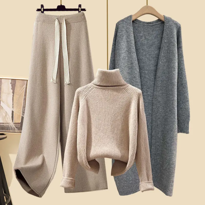 Winter New High Neck Knitted Sweater Casual Knitted Windbreaker Knitted Wide Leg Pants Three Piece Elegant Women\'s Pants Set