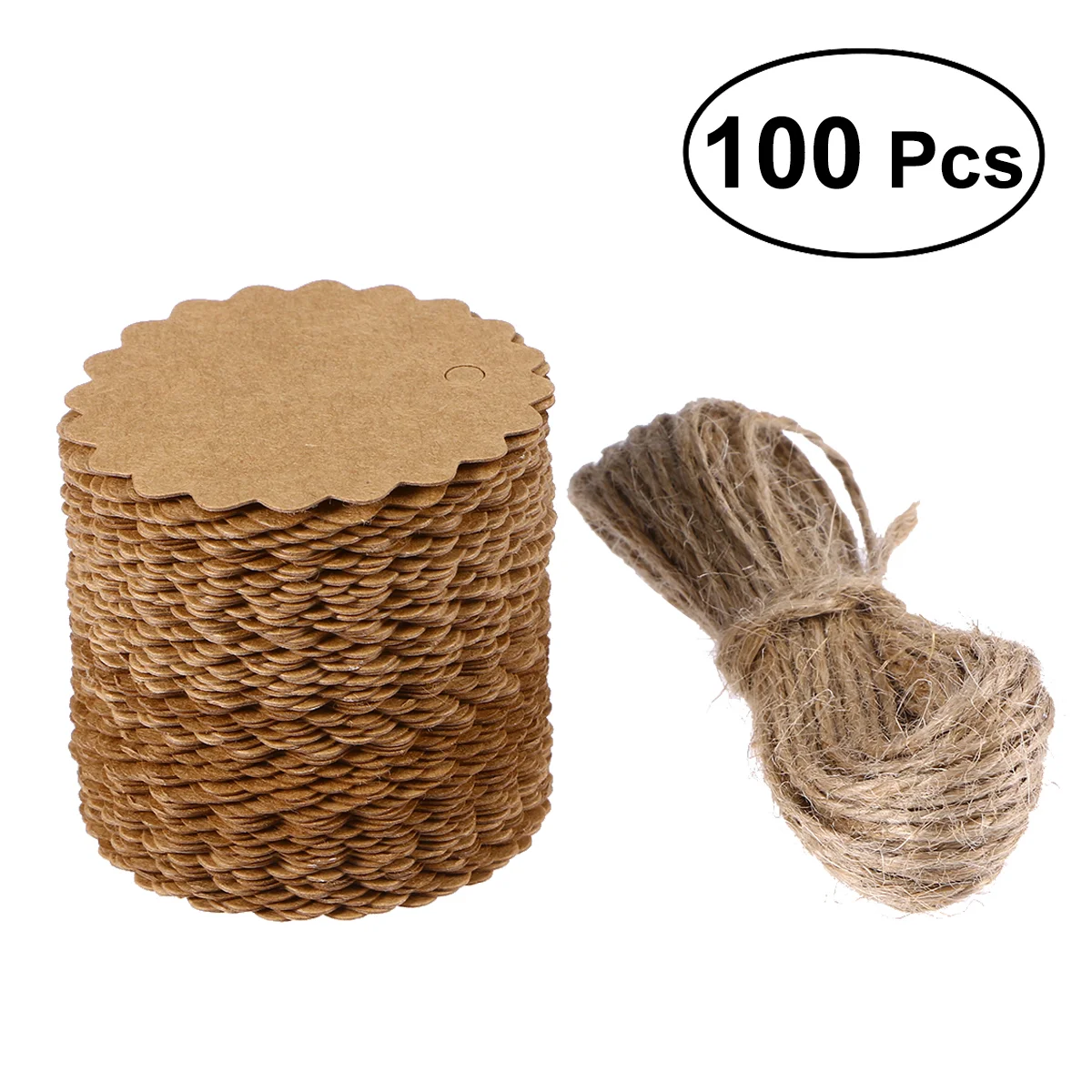 100pcs 60mm Round Scalloped Kraft Paper / Gift Tag / DIY Tag / Luggage Tag / Price Label with 10M Jute Twine (Brown)