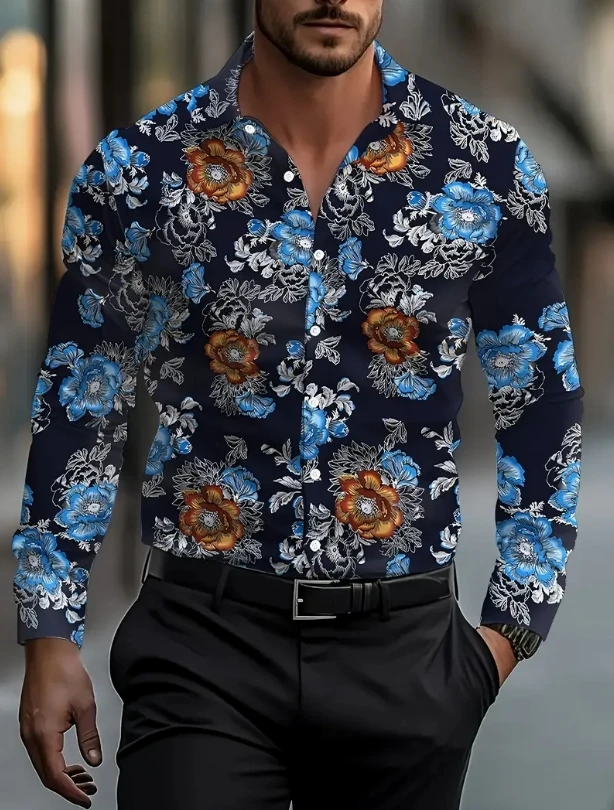 Men's Retro  3D Printed Long Sleeve Shirts Tops Vintage Hawaii Beach Shirt And Blouse Male Streetwea