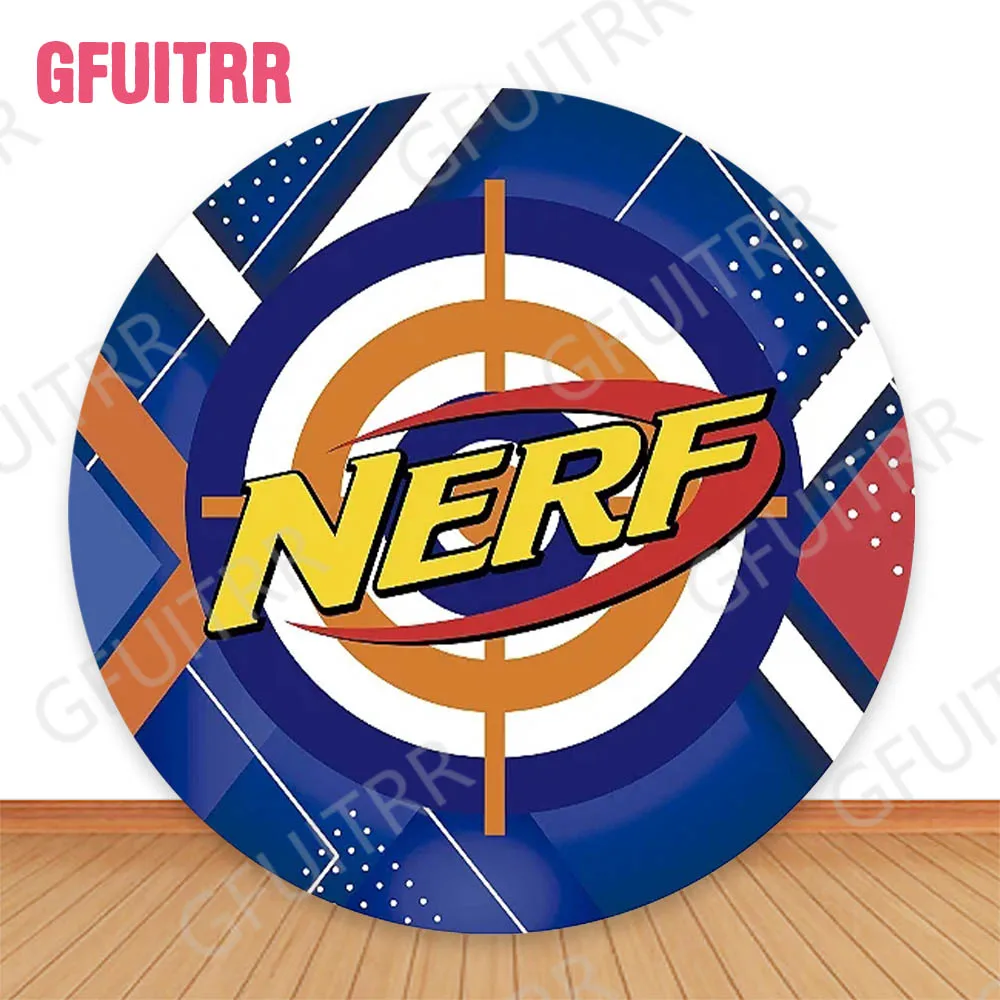 Gfuitrr Nerf Gun Round Backdrop Boys Birthday Party Decoration Photo Background Circle and Cylinder Covers For Cake Table