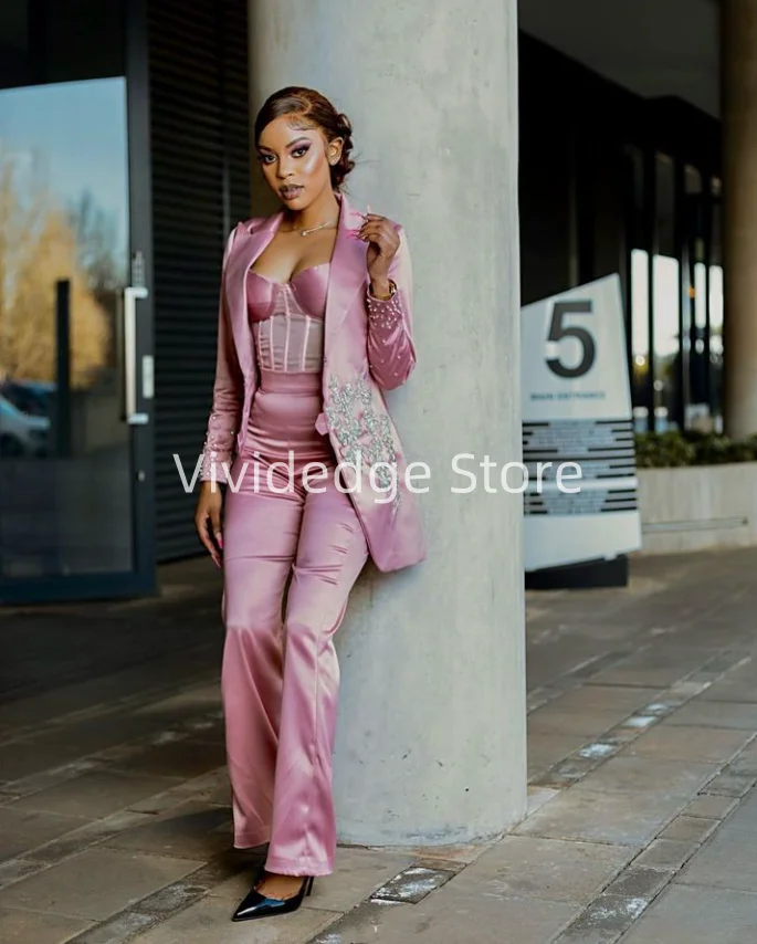 Customized Pink Purple Sexy Pantsuit 3 Piece Wedding Dress Beaded Applique Set vestidos de novia de talla grande