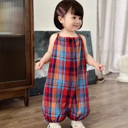 Kids Pants Honey Cherry Girls Red and Blue Plaid Jumpsuit Summer Cute Bunny Tail Girls Bib Pants Baby Overalls Girls Jumpsuit