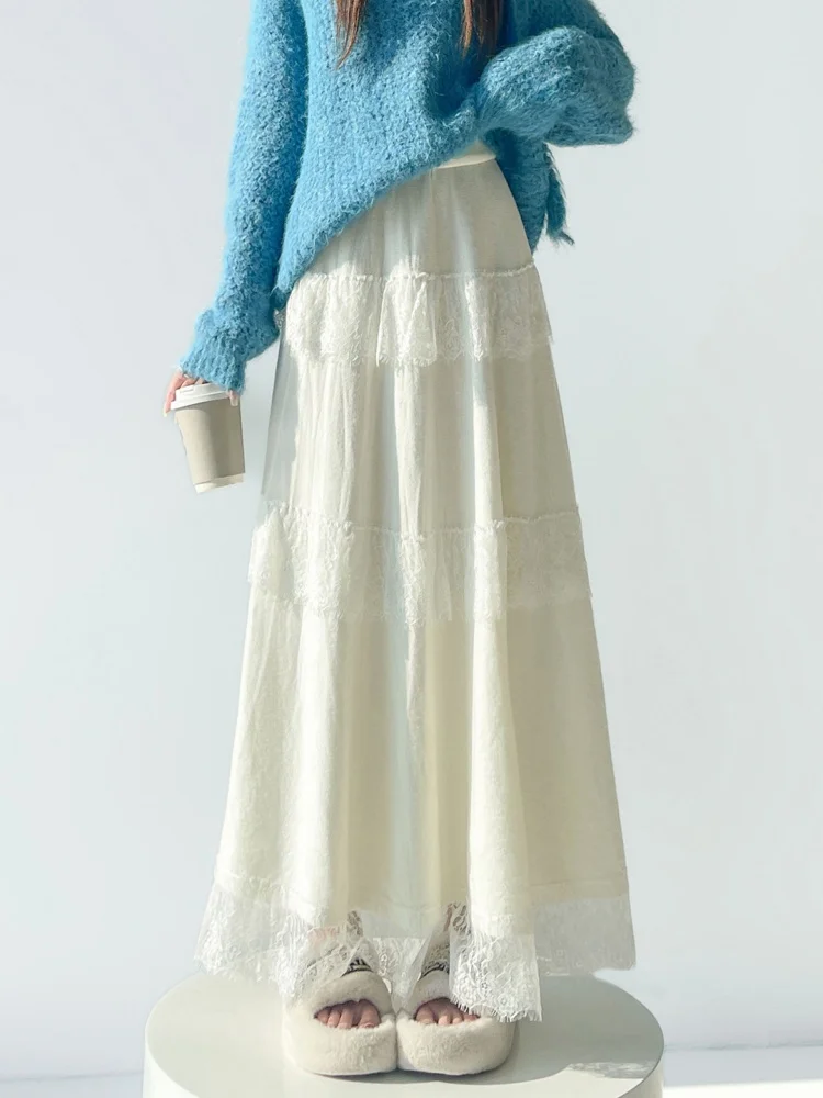 High Waist Lace Patchwork Velvet Cake Skirt Women's Autumn Winter Sle Ballet Fairy A-Line Umbrella Skirt Korean Version Cit...