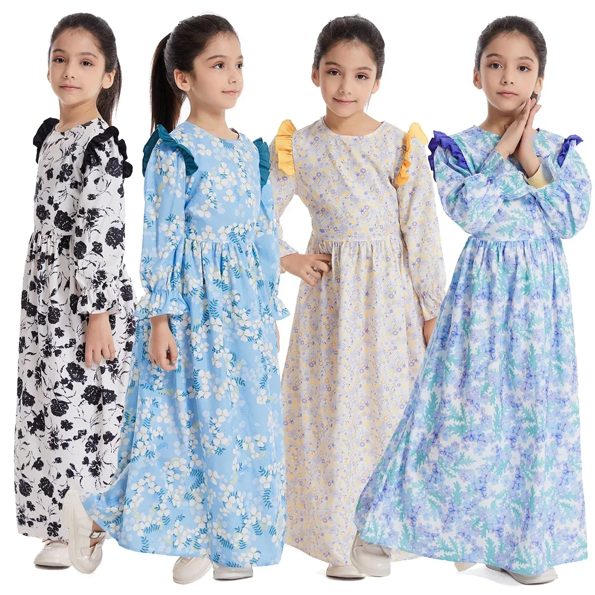 Child Muslim Abaya Floral Print Girls Long Maxi Dress Turkey Arab Kaftan Islamic Party Holiday Cute Robe Gown Kids Dubai Kaftan