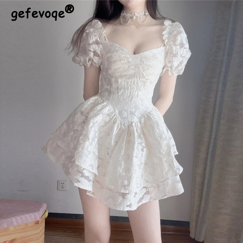 

Women Summer Vintage Ruffle Sweet Chic Elegant Sexy Club Mini Dress White Short Sleeve Slim Fairy Party Princess Dress Vestidos