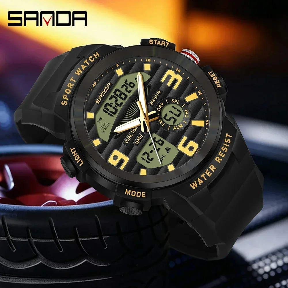 SANDA Multifunction Men Watch Dual Display Waterproof Digital Sport Wristwatch Man Silicone Strap LED Date Quartz Clock view 3