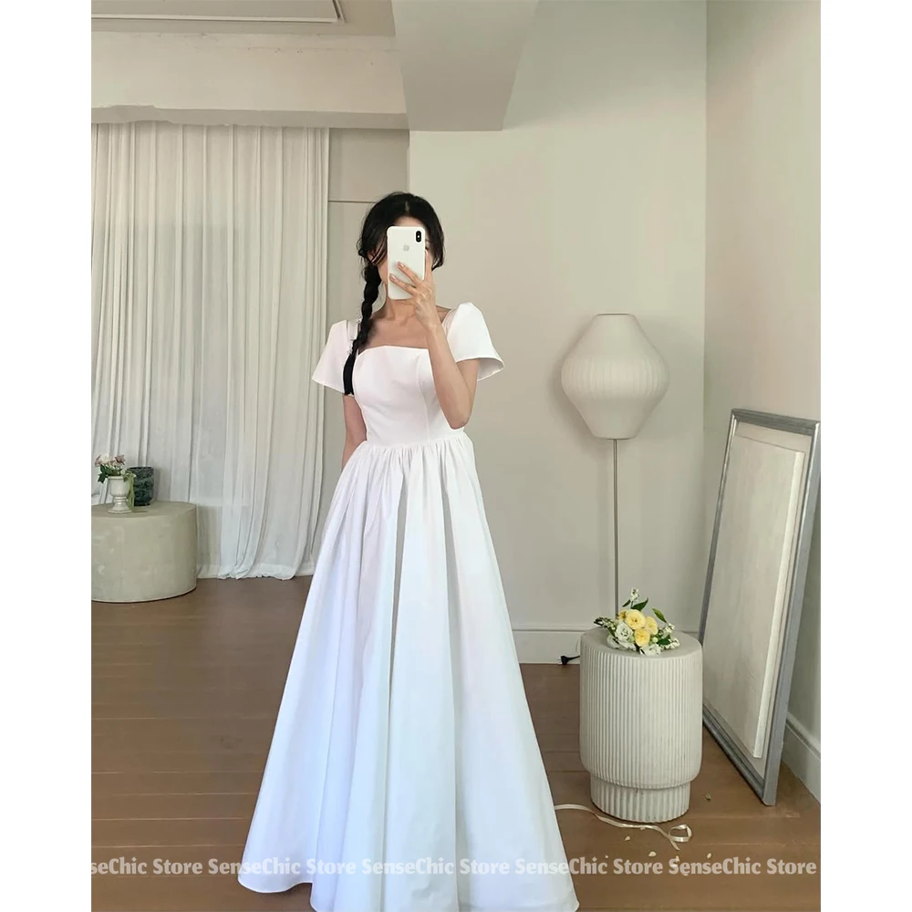 2025 웨딩드레스 새틴 스퀘어 넥 한국 A라인 반팔 정장 웨딩드레스 섹시 백 여성 신부 드레스 맞춤 제작