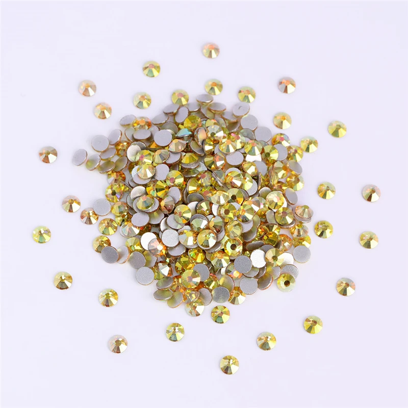 SS3-SS30 Golden Light Glass Flatback Rhinestone Shine Round Silver Bottom Glue On Stones for DIY Nail Art Clothes Decoration