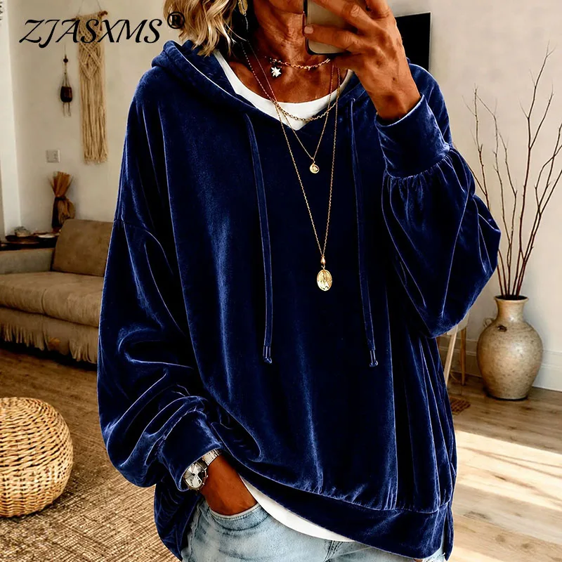 Women Velvet Hoodie Drawstring Long Sleeve Sweatshirt Solid Loose Pullover Tops Elegant Casual Autumn Winter Office Daily Blouse