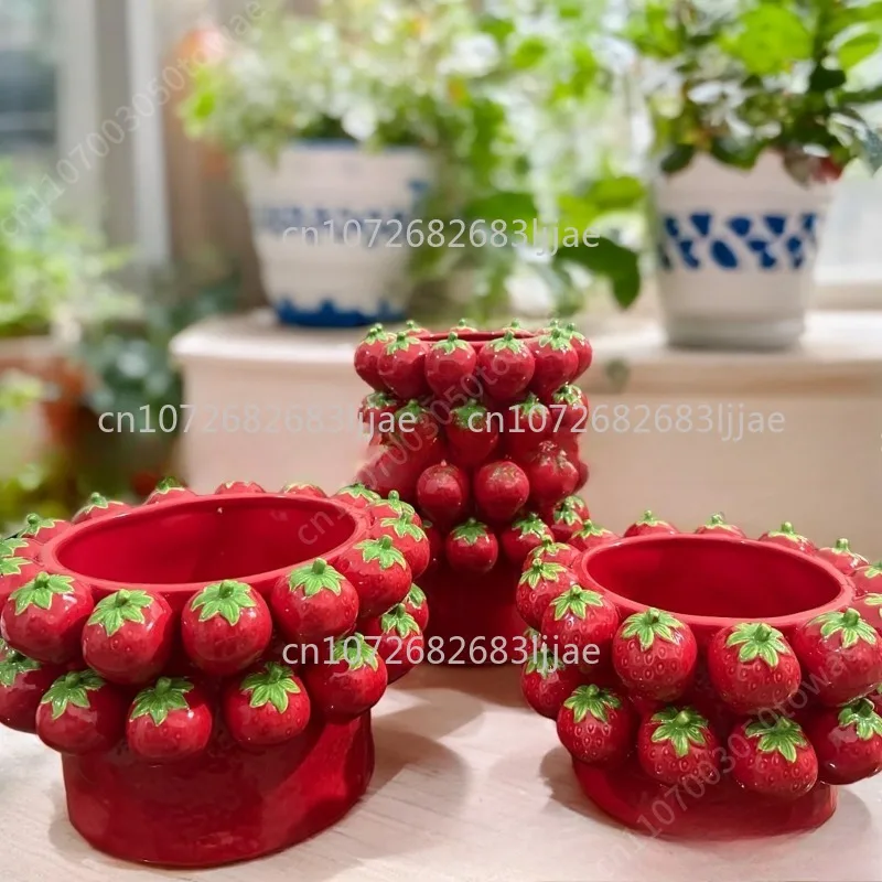 3D Handmade Ceramic Planter, Cute Red Strawberry Flower Pot, Decorative Succulent Planter for Home Garden Kitchen Decor