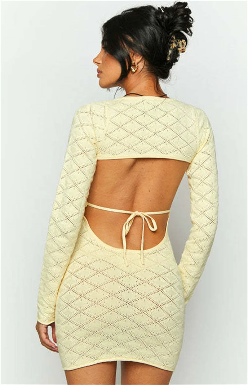 Neues rückenfreies, langärmliges, figurbetontes Minikleid, sexy Strand-Badeanzug, Bikini-Vertuschung, Strickkleid, Damen-Bademode, Tunika