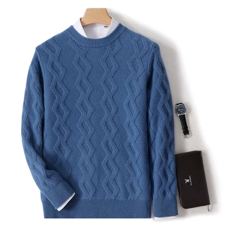 

Мужской свитер из 100% мериносовой шерсти, осенне-зимние утепленные пуловеры с круглым вырезом, жаккардовая однотонная базовая рубашка, теплые вязаные куртки больших размеров, топы
