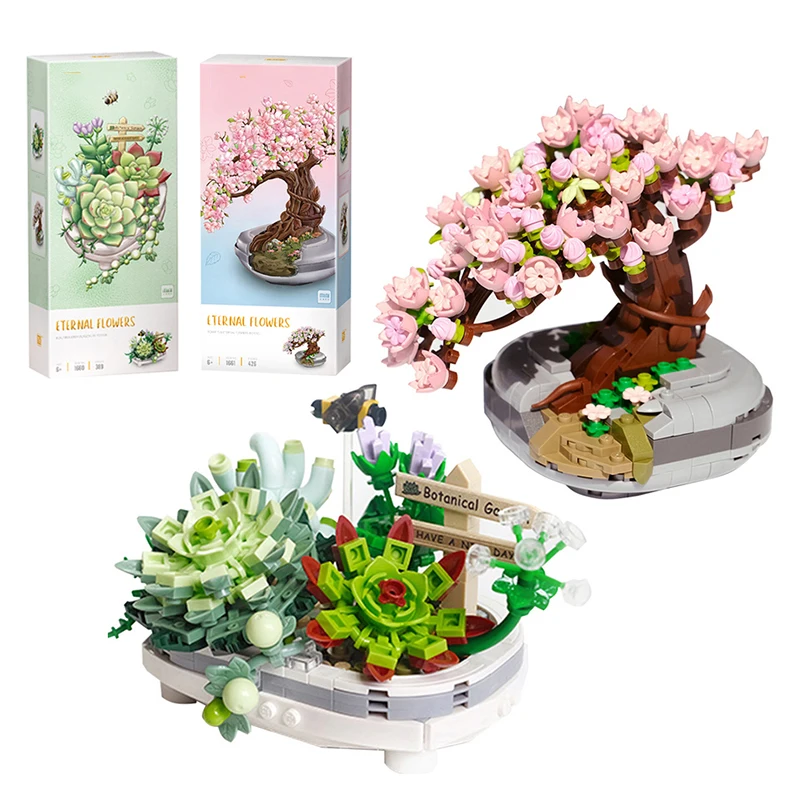 Mini Bouquet Building Blocks fiori succulenti Cherry Blossom Bonsai modello 3D decorazione della casa assemblaggio per bambini giocattolo ragazza regalo