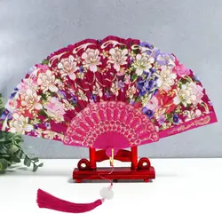 2023 Vintage Silk Fan Floral Pattern Decorative Wedding Party Chinese Japanese Bamboo Tassel Fan Dance Hand Fan abanico de mano