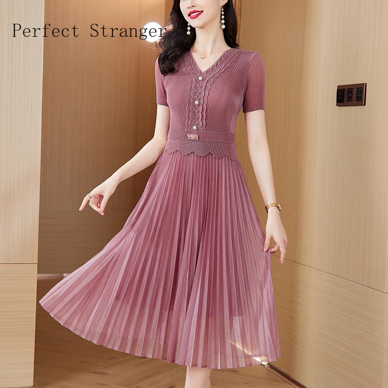 2025 Summer V-neck Dress for Women Short Sleeves Printed Bead Mesh Spliced Pleated V Collar Women Long Dress