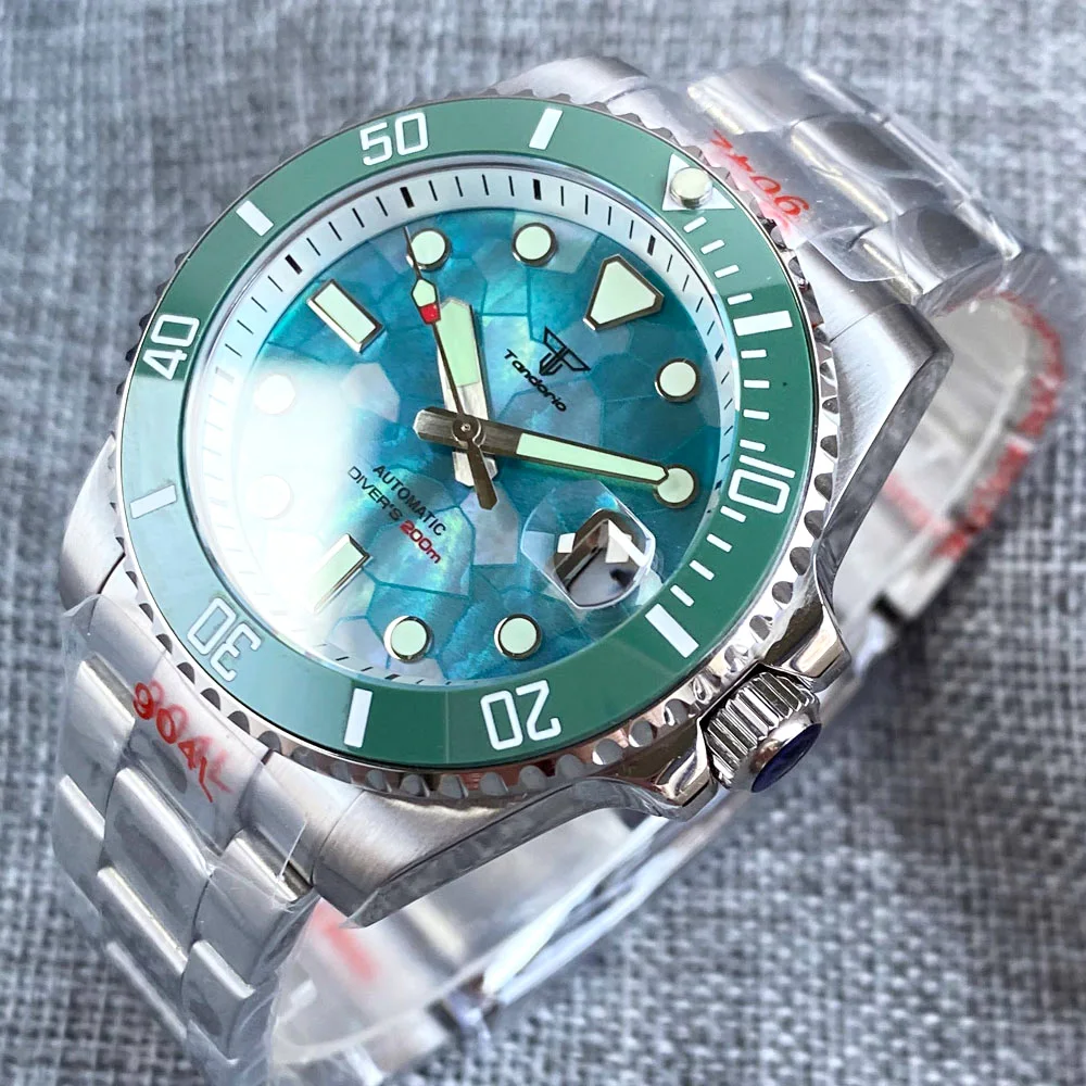 Tandorio New 40mm Turquoise Green Mother of Pearl Dial Sapphire Glass Japan NH35A Auto Diver Men Watch 20ATM Roating Bezel Lume