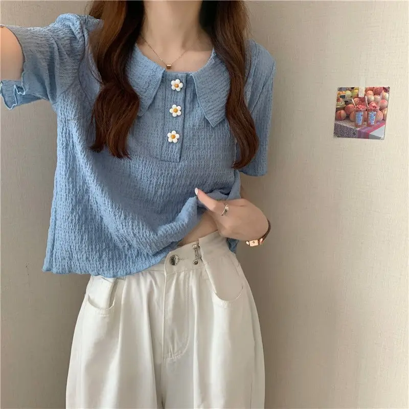 Women Summer Fashion Slim Sweet Buttons Solid Color Doll Collar Short Sleeve T-Shirt Women Clothes Casual All-match Trend Tops