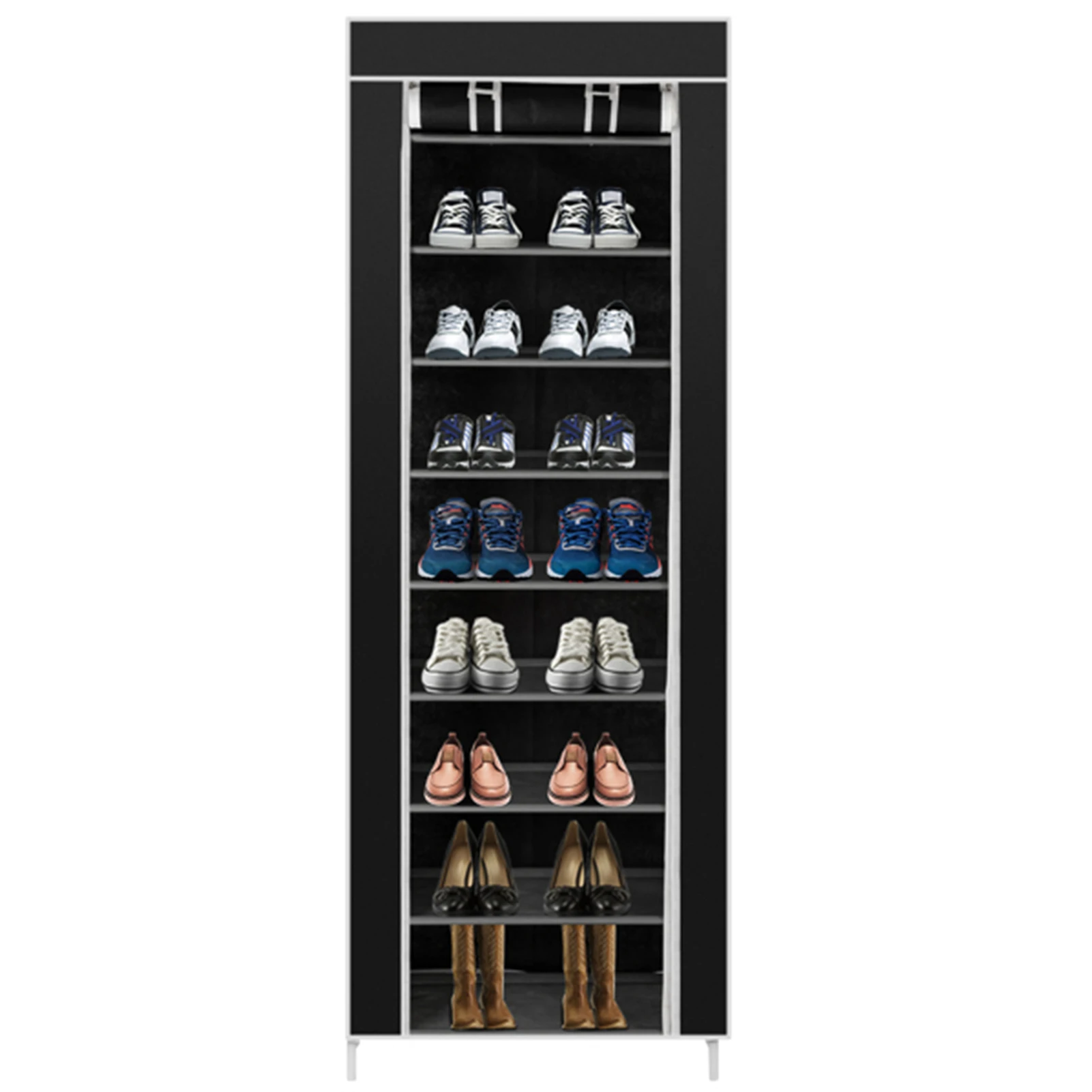 Black Living Room Hallway Entryway Stand Space Saving Shoe Rack Sturdy 9 Tier Dustproof Cover Balcony Non Woven Fabric