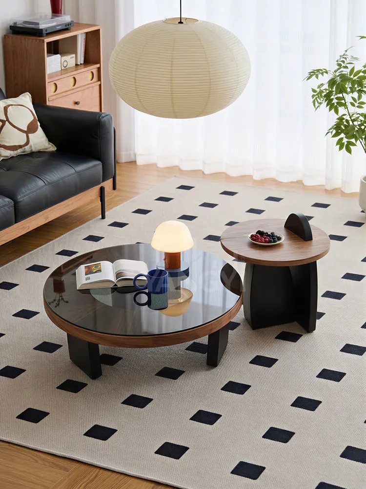 Mid Century Solid Wood Round Coffee Table Set Glass Walnut Italian Minimalist Small Apartment Living Room Furniture