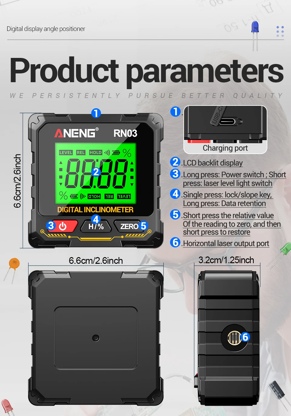 Laser Digitaler Neigungsmesser ANENG RN01/RN02/RN03 Winkelmesser 360° ° Magnes Winkelmesser 0,05 ° Präzisions-Nivellierbox für Holzbearbeitungswerkzeuge – Detail 8